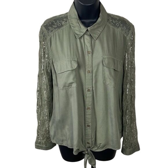Olive Green Button Tie Front Lace Sleeve & Shoulders Blouse - Picture 1 of 8